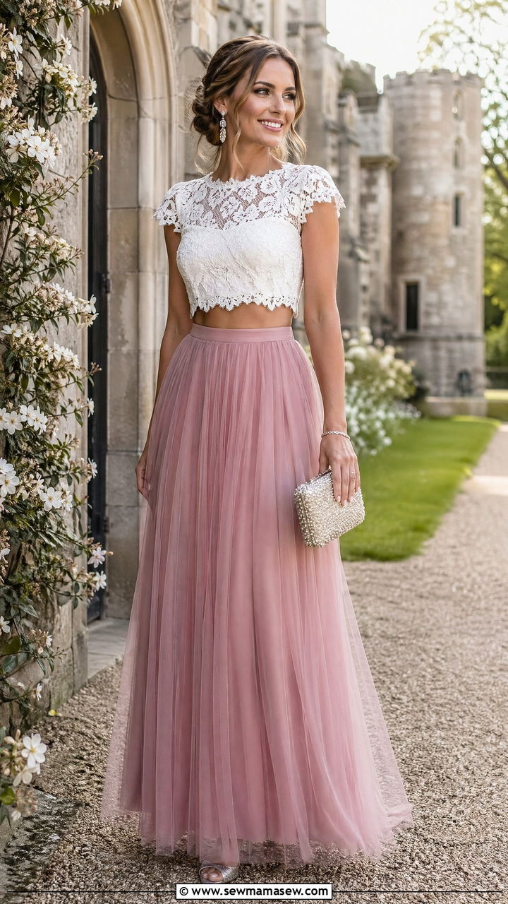 White Lace And Mauve Tulle Two Piece With Sparkly Heels - 35 Wedding guest outfit ideas 2026