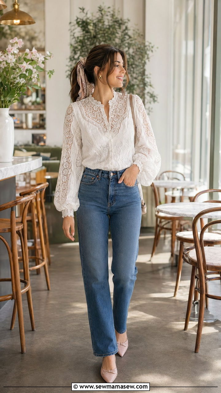 White Lace Blouse And High Waisted Jeans - 35 romantic outfits ideas