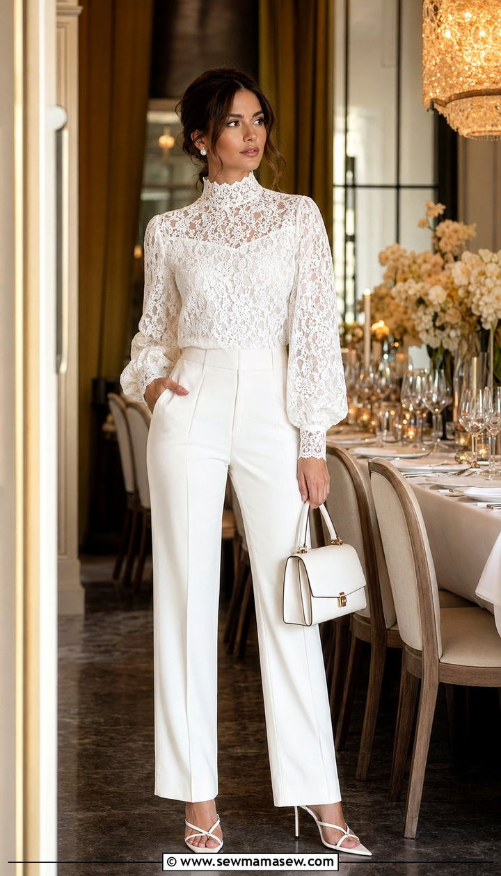 White Lace Blouse and White Straight Leg Trousers - 30 White outfit ideas for summer travel