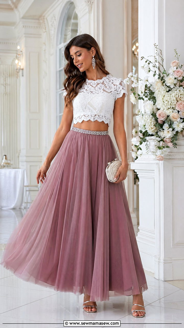 White Lace Cropped Top With Dusty Mauve Tulle Skirt - 35 wedding guest outfit ideas for women