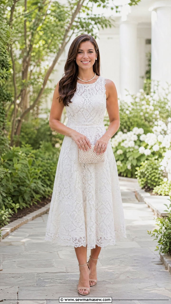 White Lace Dress With Pearl Accessories - 35 Sorority semi formal outfit ideas