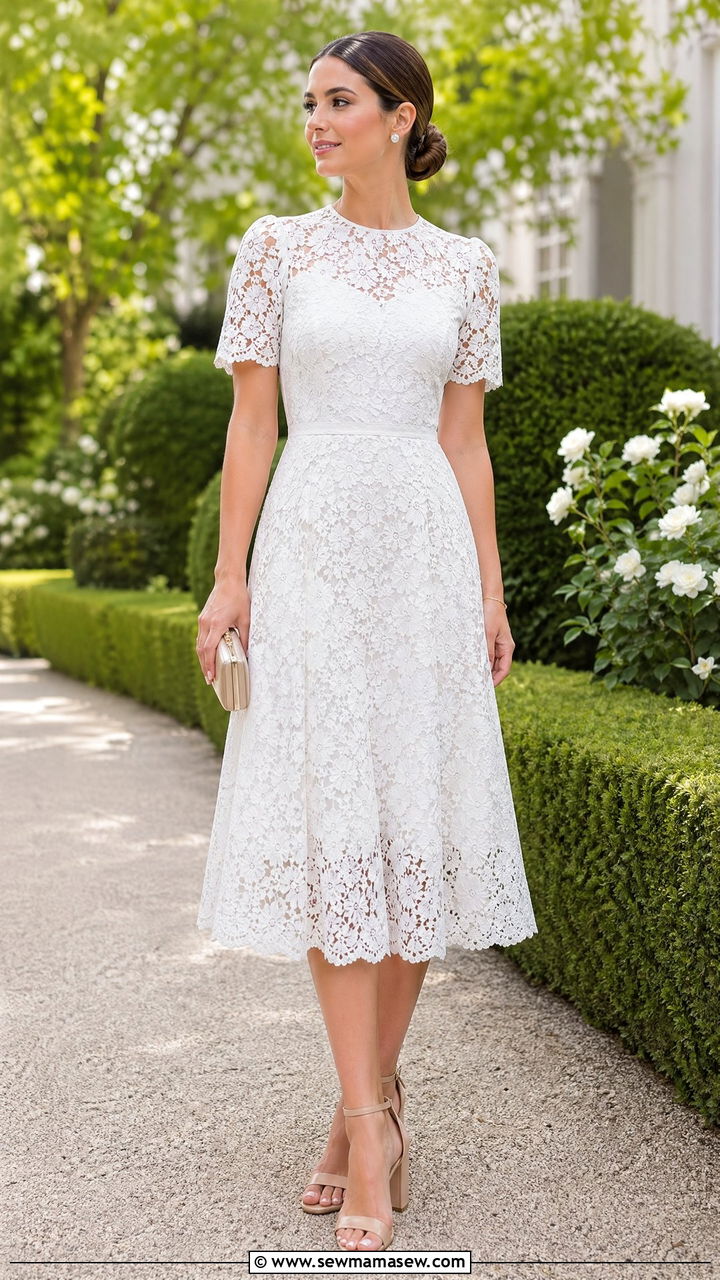 White Lace Dress with Nude Heels - 35 Spring garden party outfit ideas