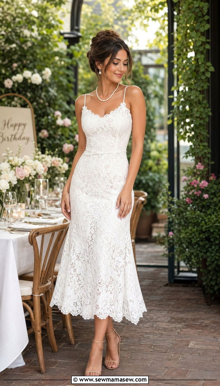 White Lace Dress with Pearls Birthday Dinner Outfit - 30 Birthday dinner outfit ideas for women