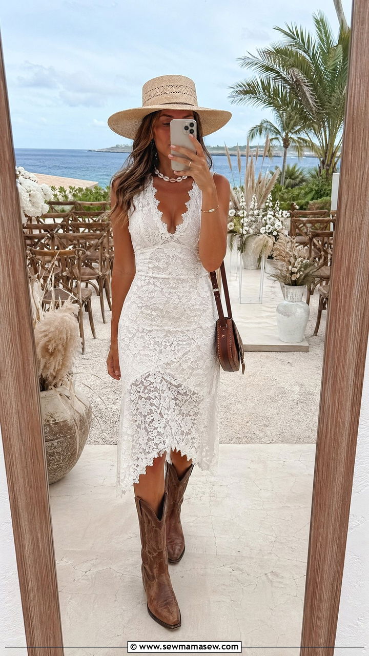 White Lace Midi Dress With Brown Cowboy Boots and Straw Hat - 35 coastal cowgirl outfits