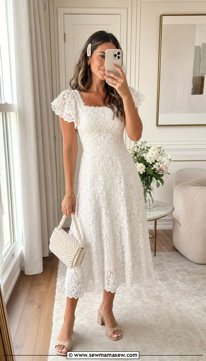 White Lace Midi Dress With Heeled Mules - 35 Romantic summer outfits