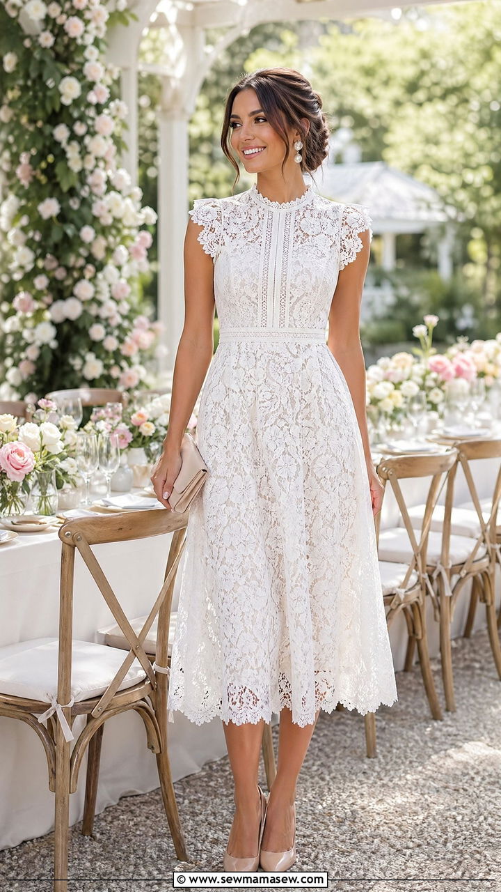 White Lace Midi Dress for Bride - 35 spring bridal shower outfit ideas