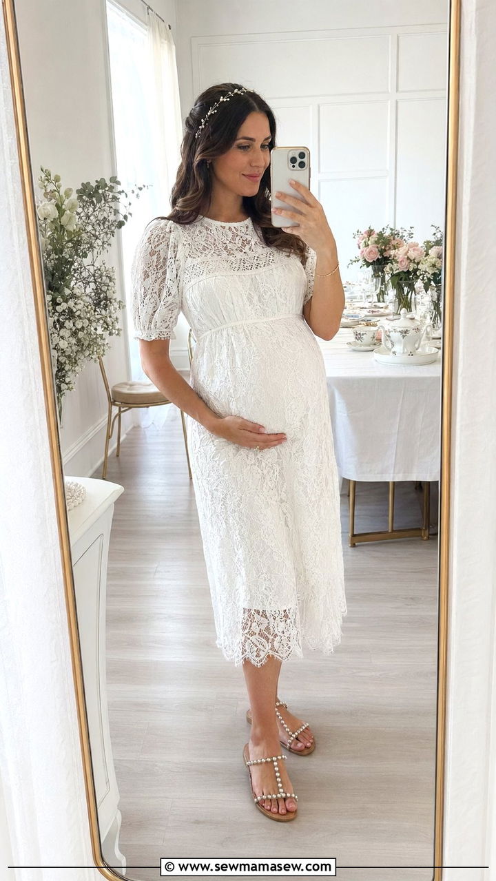 White Lace Midi Dress with Pearl Studded Sandals - 30 Baby shower outfits for mom to be