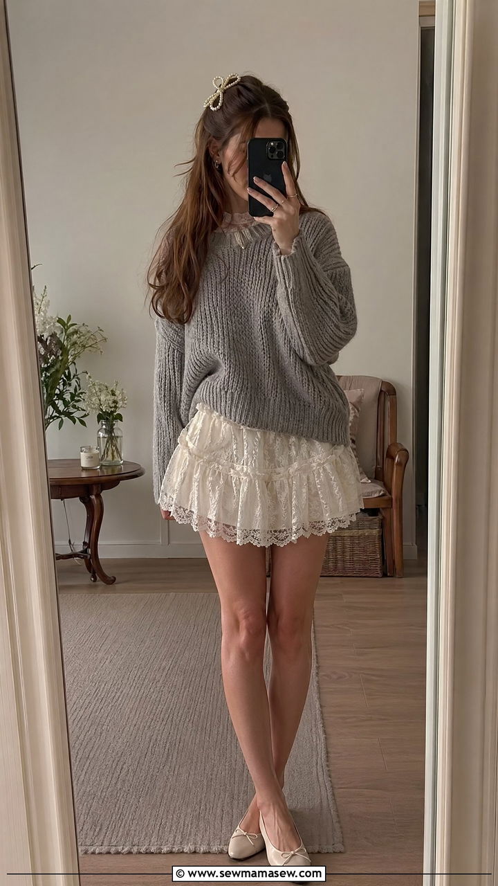 White Lace Mini Dress With Gray Sweater And Ballet Flats - 35 Cottagecore outfit ideas