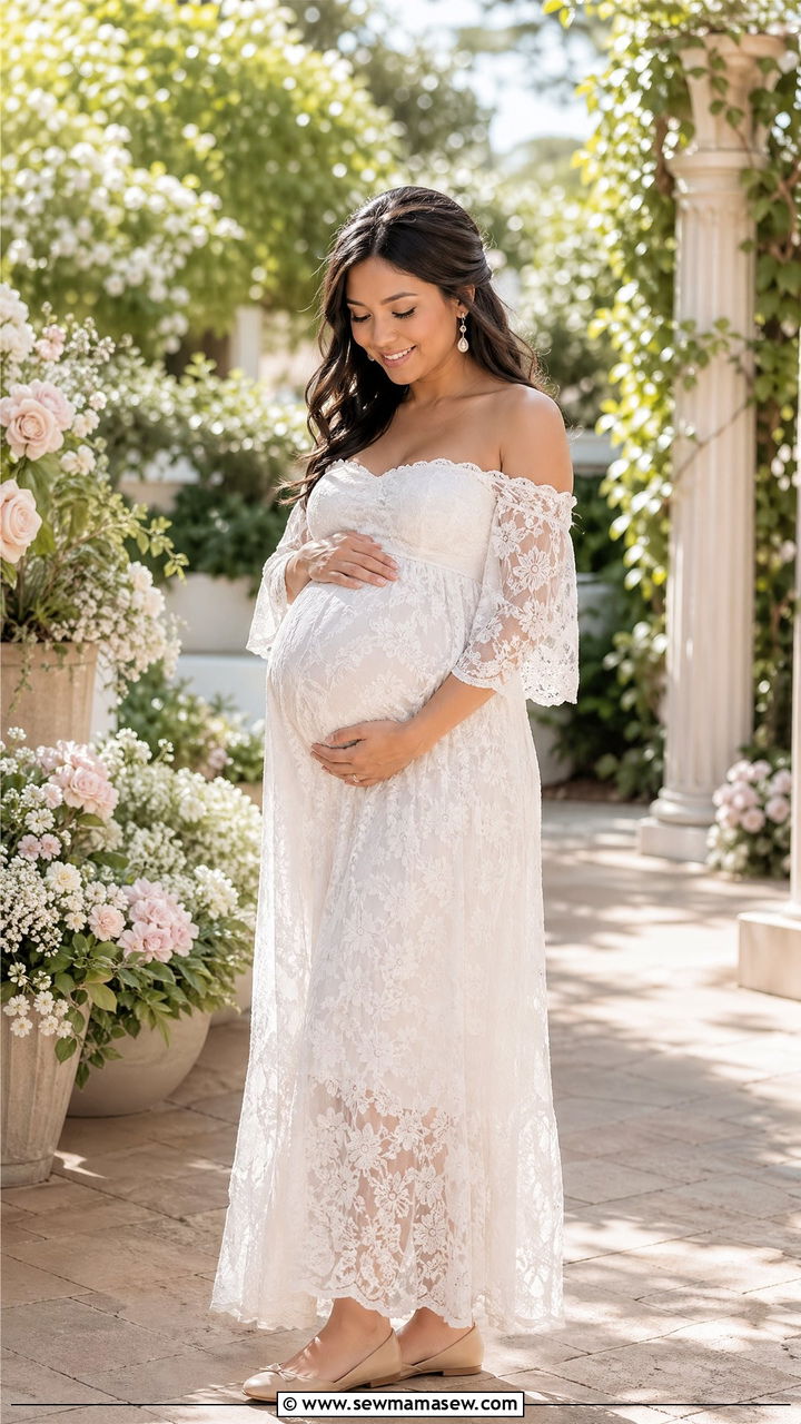 White Lace Off Shoulder Maxi Dress for Spring Baby Shower - 35 spring baby shower outfit ideas