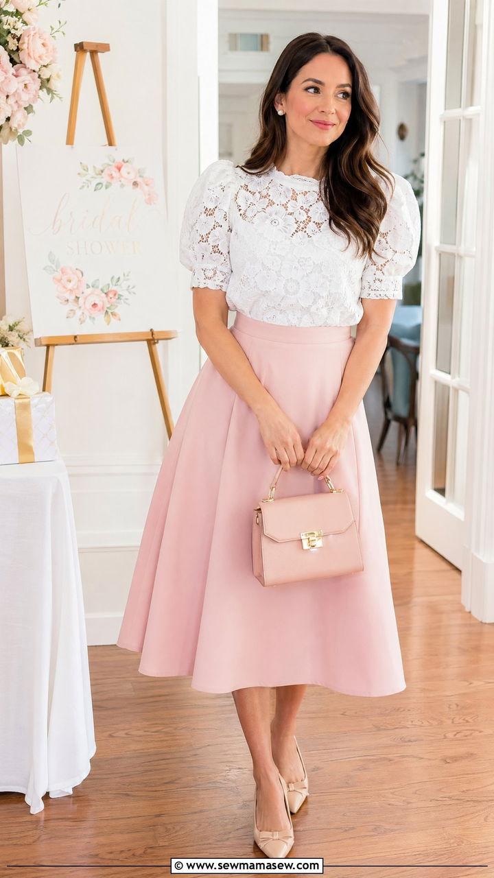 White Lace Puff Sleeve Blouse with Pastel Pink A Line Skirt - 35 Soft girl outfit ideas