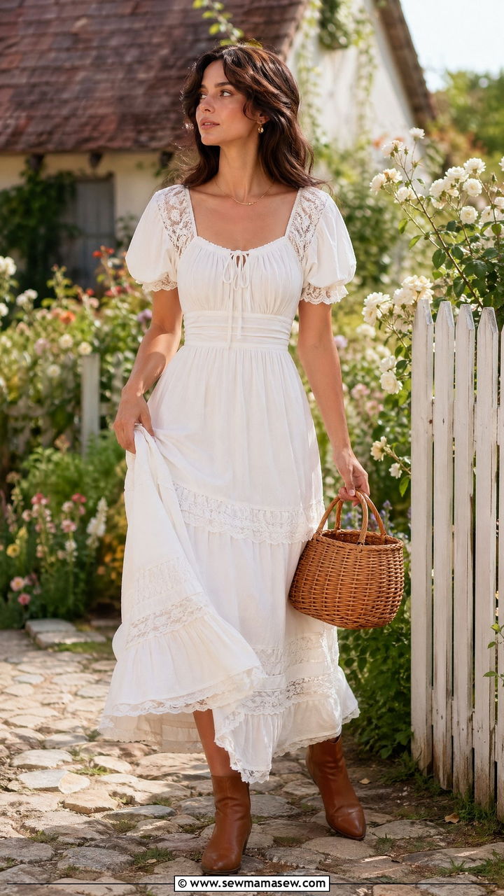 White Lace Trimmed Prairie Dress With Ankle Boots - 35 Cottagecore outfit ideas