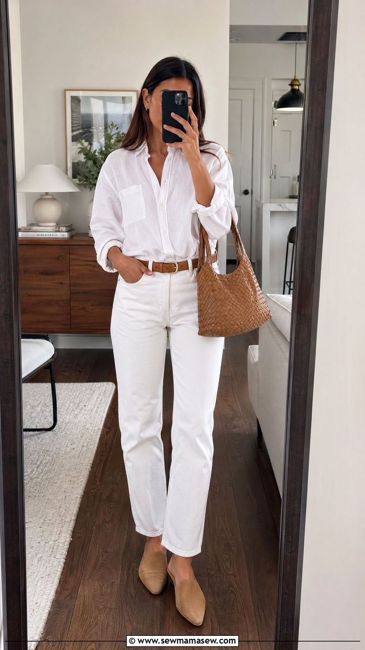 White Linen Blouse and White Jeans Outfit - 35 summer all white outfit ideas