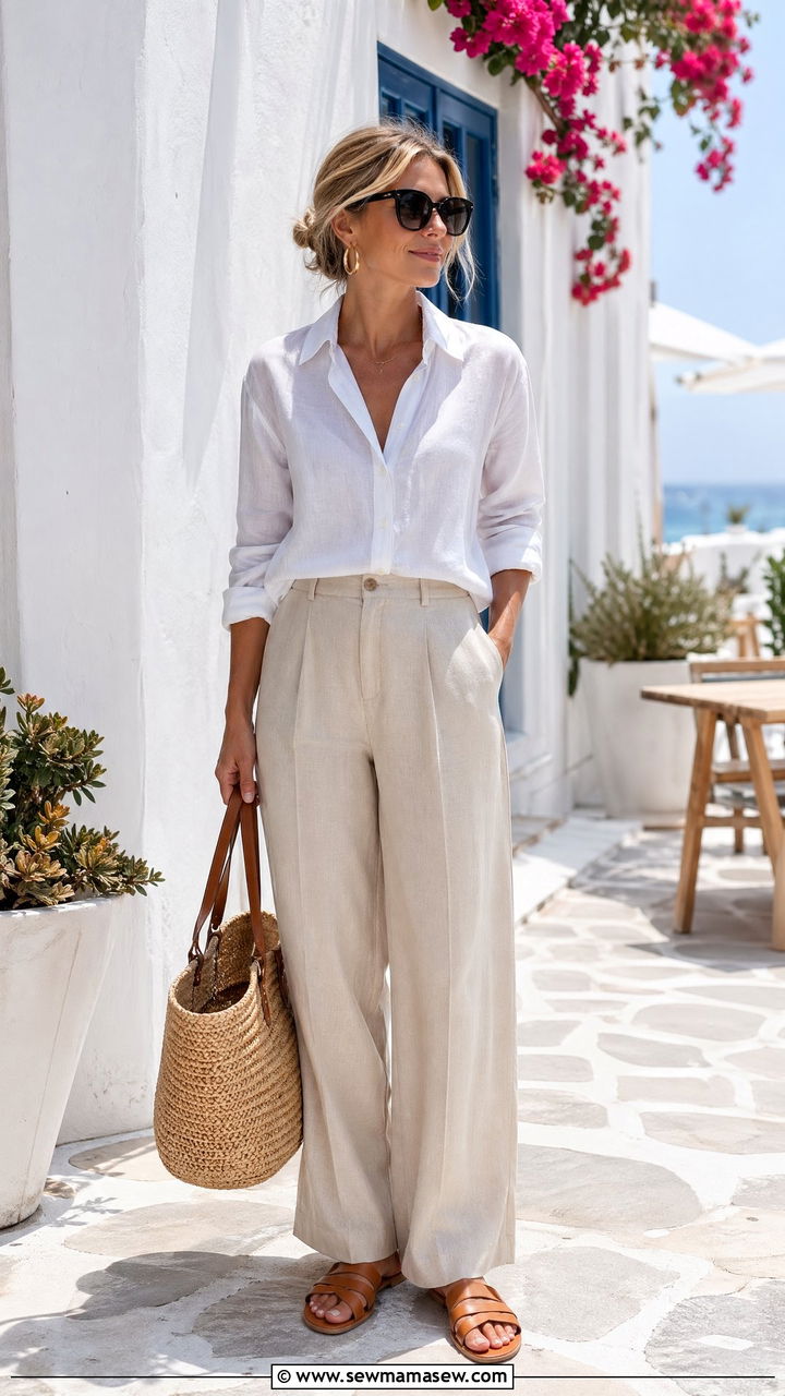 White Linen Button Down and Wide Leg Beige Trousers - 35 coastal grandmother outfits for women