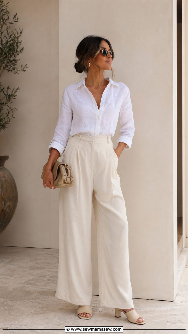 White Linen Button Up Shirt With Wide Leg Trousers and Mules - 35 Clean girl casual outfit ideas