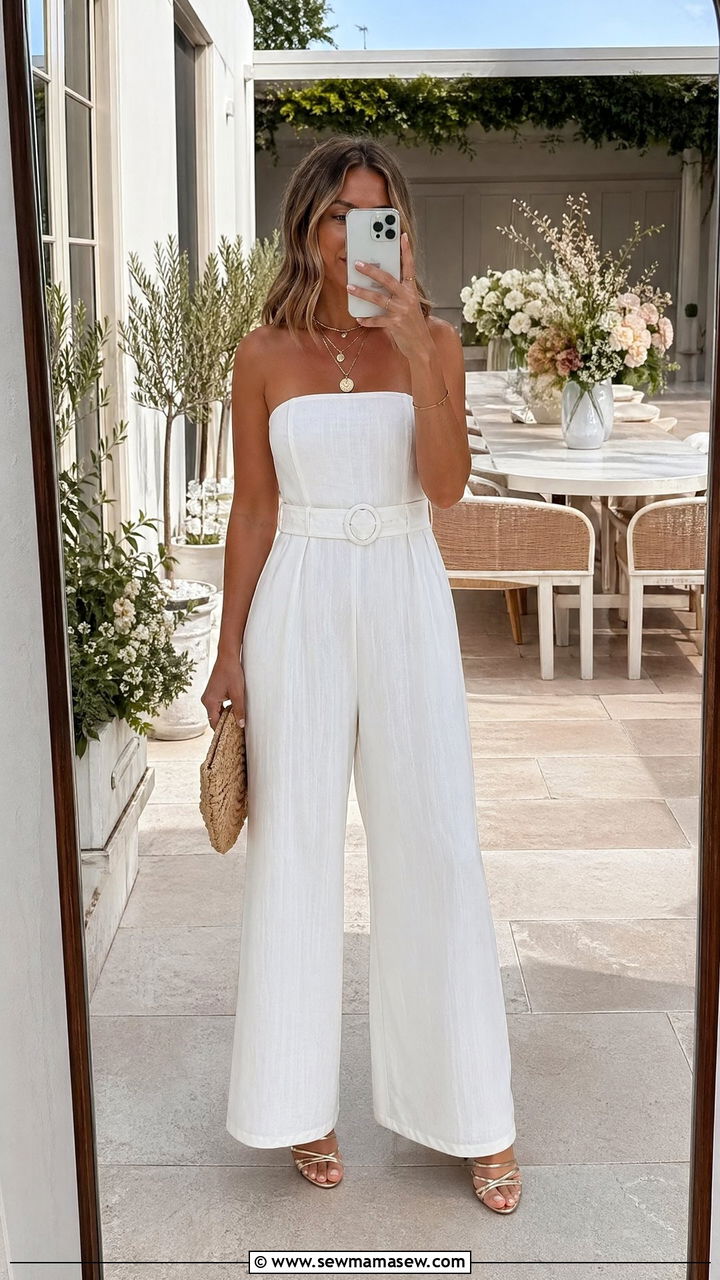 White Linen Jumpsuit with Gold Accessories - 35 summer engagement party outfit ideas