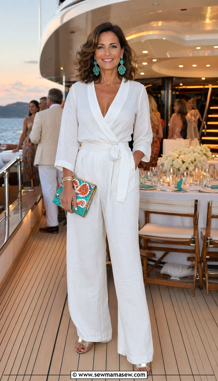 White Linen Jumpsuit with Statement Earrings - 35 resort vacation outfits for women over 40