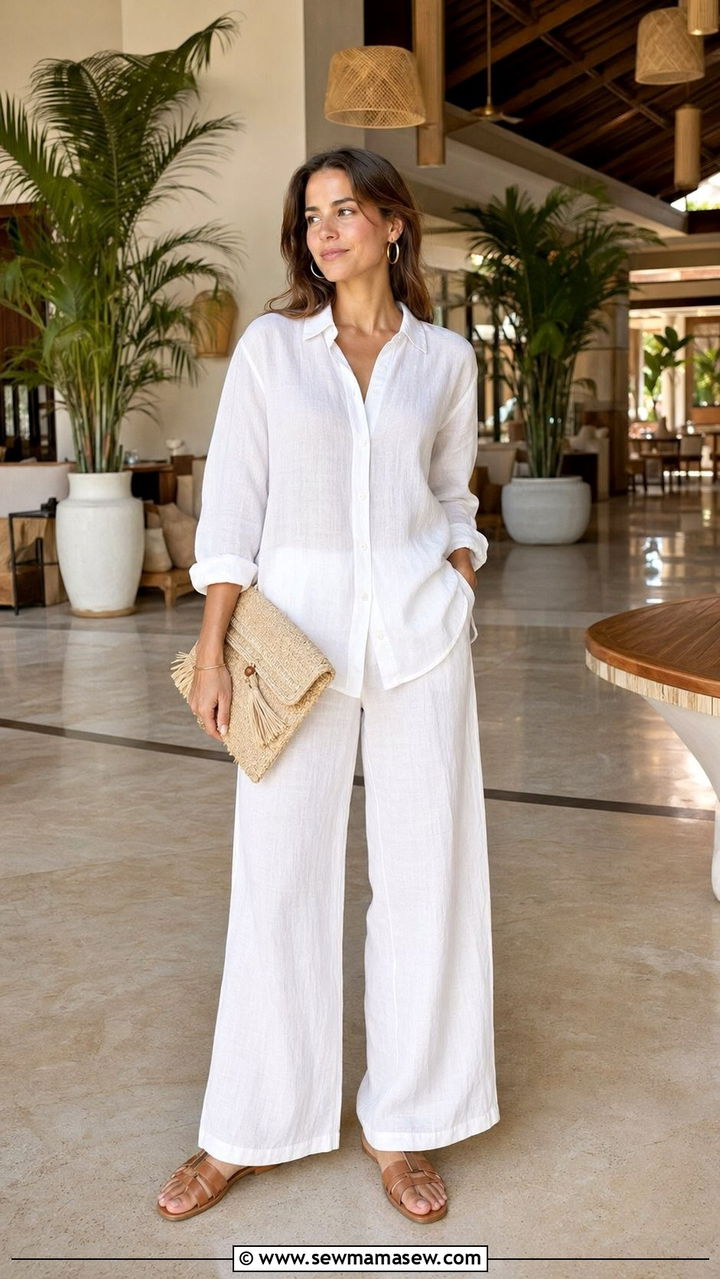 White Linen Matching Two Piece Set With Flat Sandals - 30 All inclusive resort outfit ideas
