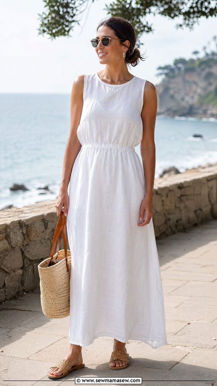 White Linen Maxi Dress and Woven Sandals - 35 summer linen outfit ideas