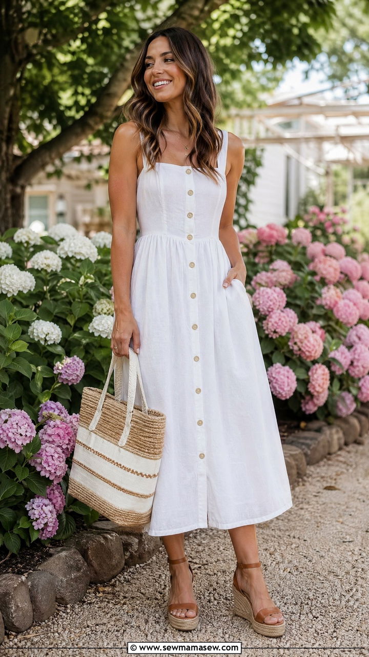 White Linen Midi Dress And Espadrille Wedges - 35 Summer picnic outfits