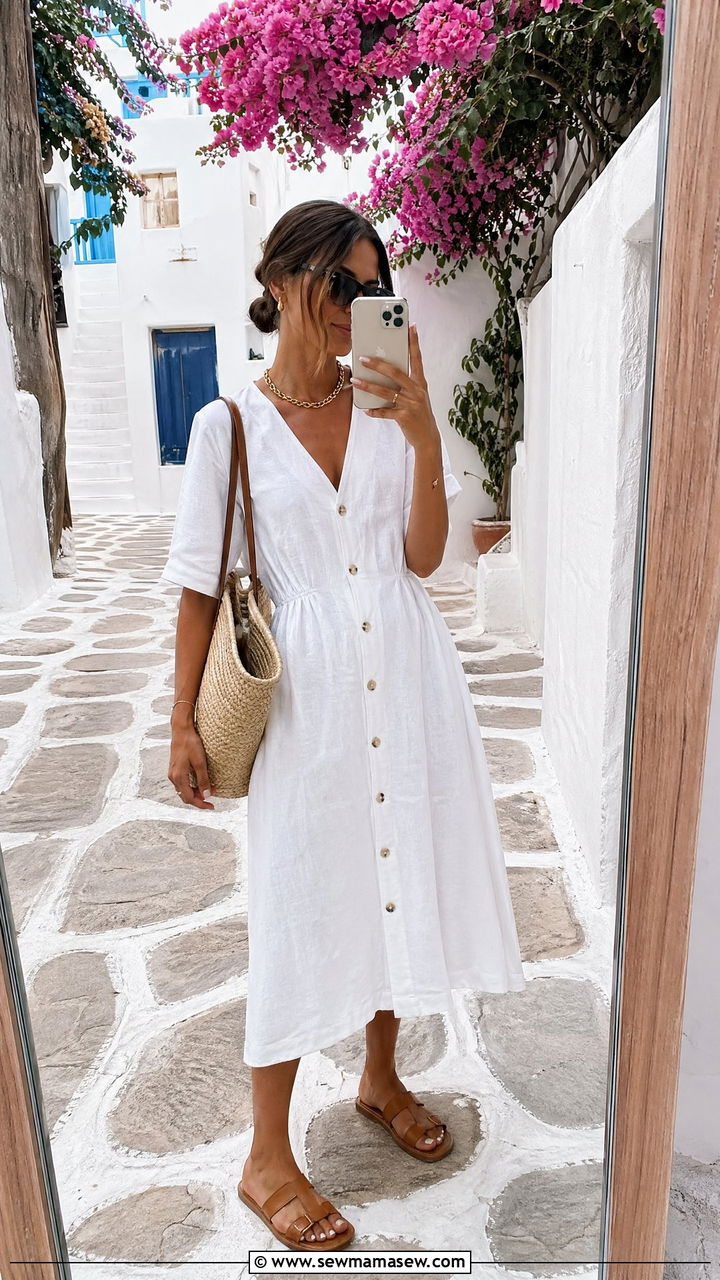 White Linen Midi Dress With Flat Sandals - 35 Spring Greece outfit ideas
