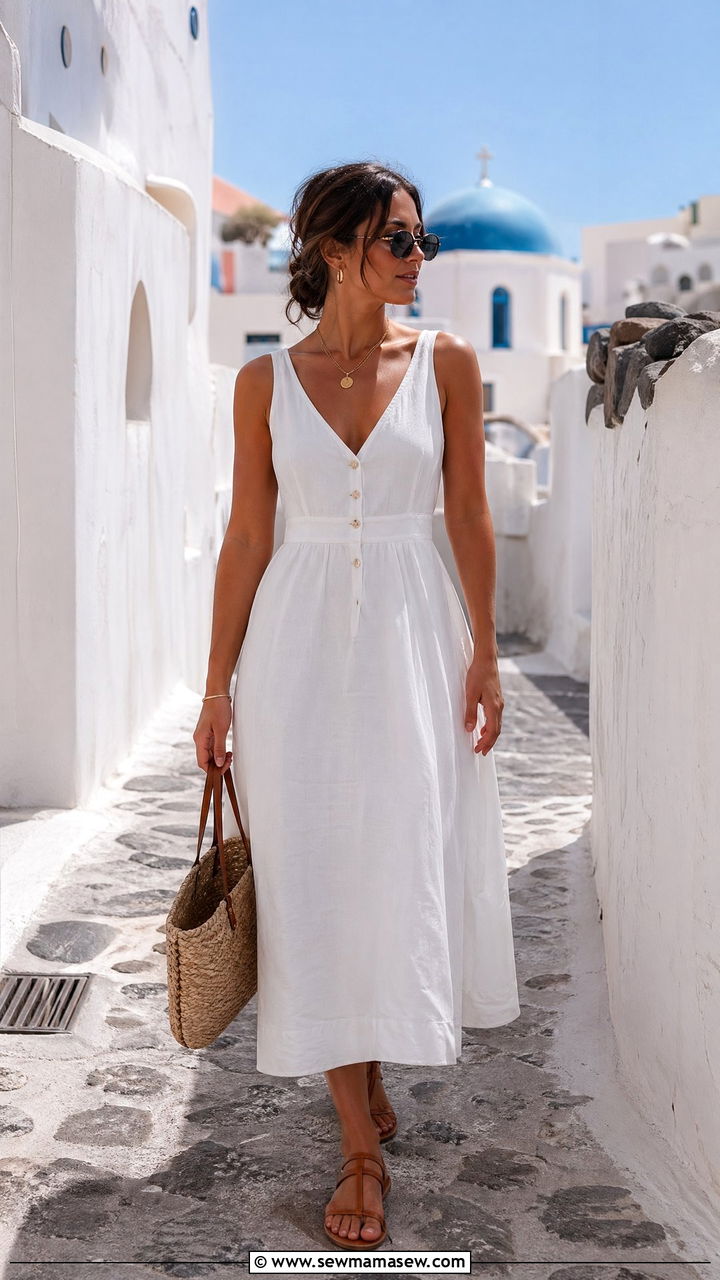 White Linen Midi Dress With Leather Sandals - 35 summer greece vacation outfit ideas