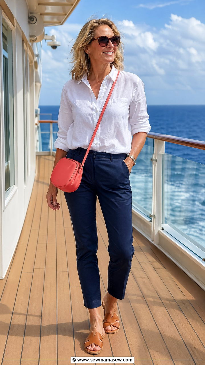 White Linen Shirt With Navy Ankle Pants Cruise Outfit - 35 cruise outfits for women over 40