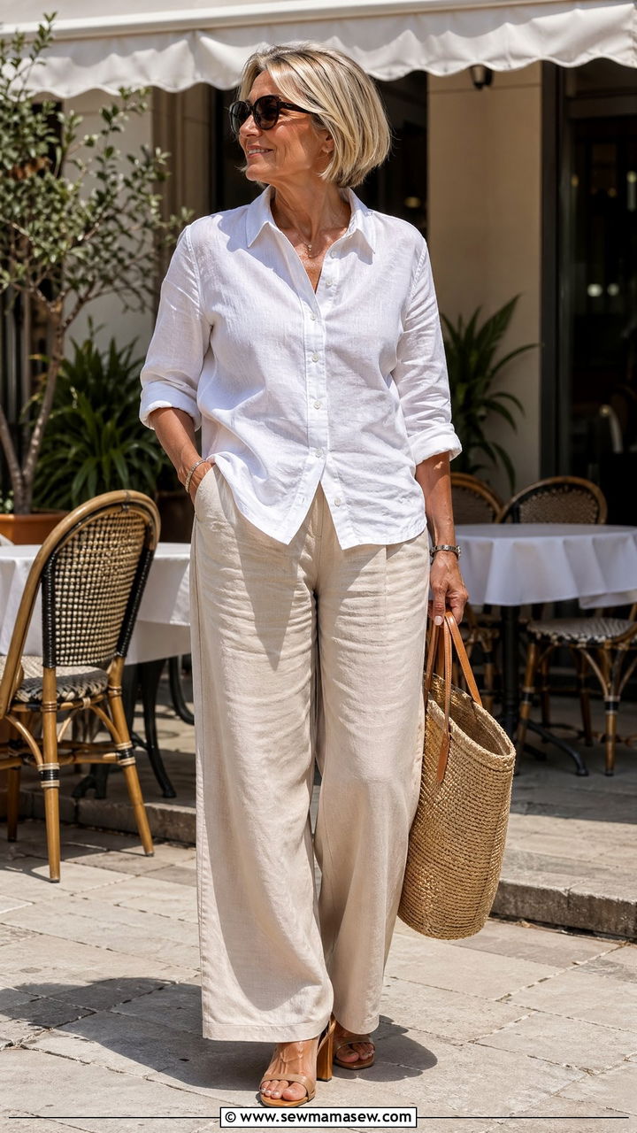 White Linen Shirt with Wide Leg Trousers Outfit - 35 Summer capsule wardrobe for women over 50