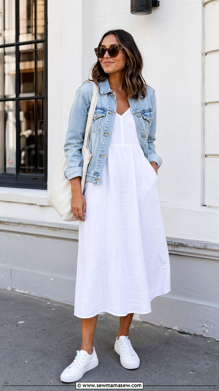 White Linen Sundress With Denim Jacket And Sneakers - 35 Summer outfits with sundresses