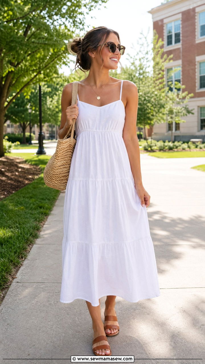 White Linen Sundress with Flat Sandals Outfit - 35 Summer outfits for college girls