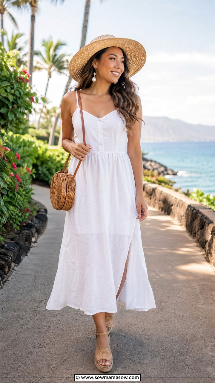 White Linen Sundress with Woven Wedges - 35 Spring Hawaii outfit ideas