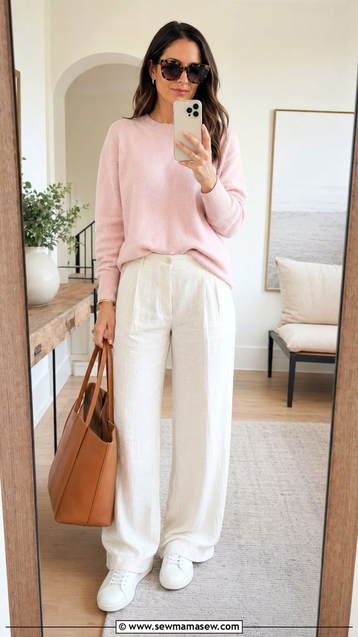 White Linen Trousers And Pastel Cashmere Sweater - 35 Romantic spring outfits