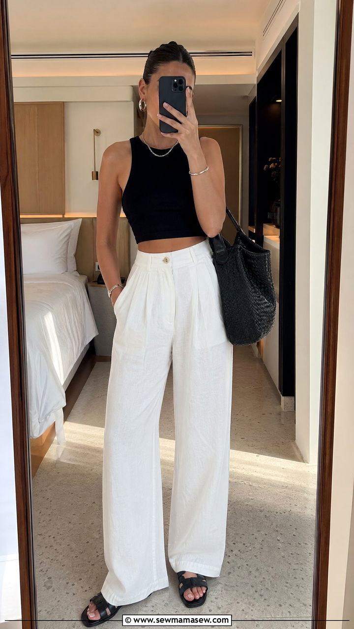 White Linen Trousers With Black Crop Top - 35 vacation outfits 2026