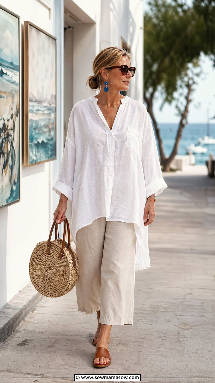 White Linen Tunic and Beige Cropped Pants - 35 summer coastal grandmother outfit ideas
