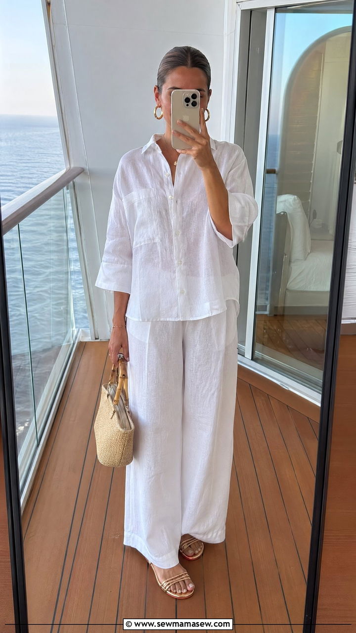 White Linen Two Piece Set With Gold Sandals - 35 Cruise dinner outfit ideas