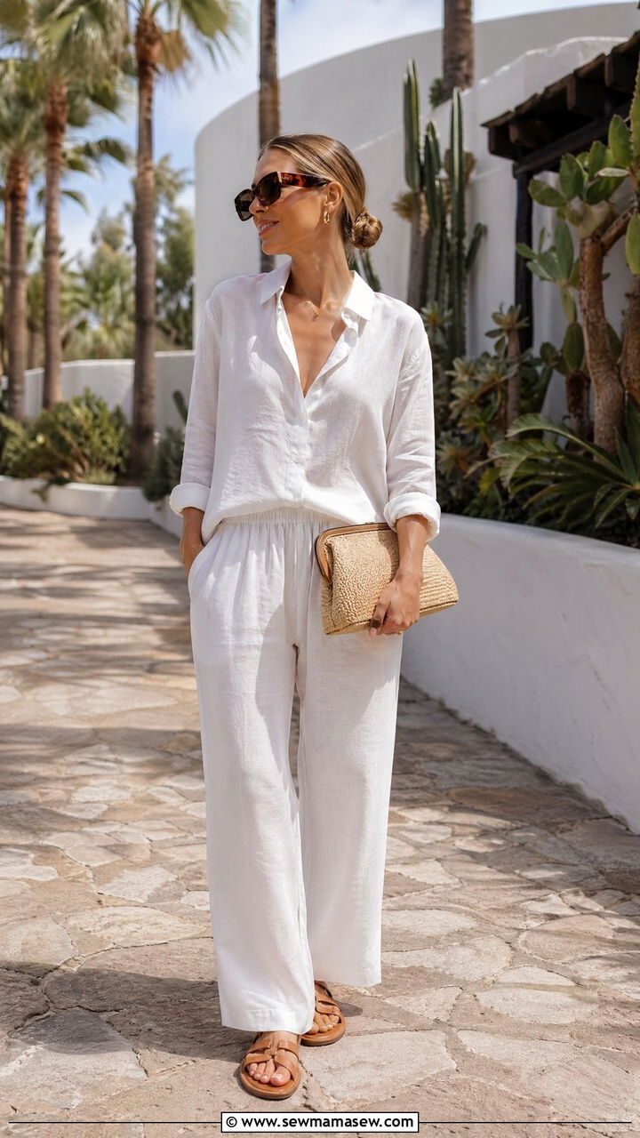 White Linen Two Piece Set with Flat Sandals - 35 spring vacation chic outfit ideas