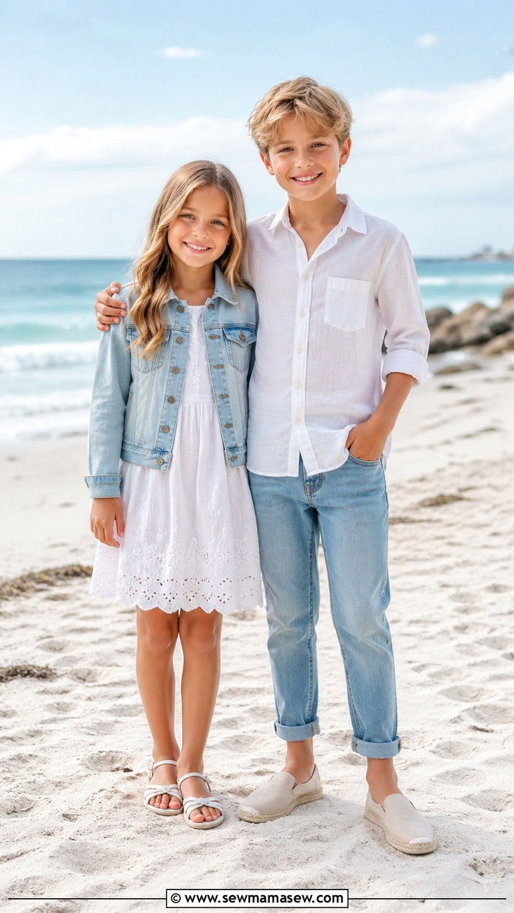 White Linen and Light Wash Denim Sibling Look - 30 Sibling photoshoot outfit ideas