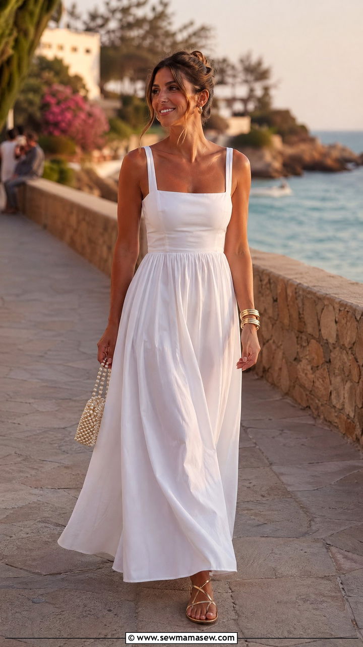 White Maxi Dress and Strappy Sandals - 35 summer all white outfit ideas