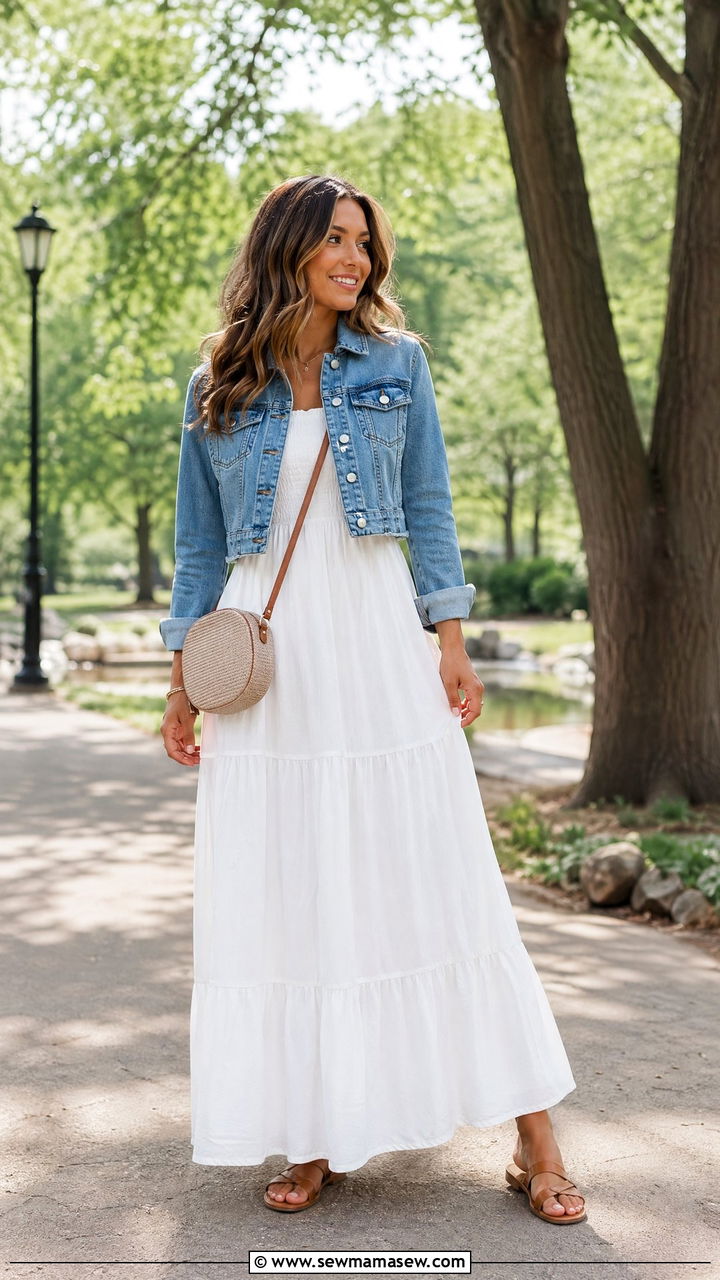 White Maxi Dress with Denim Jacket and Flat Sandals - 35 white dress outfit ideas