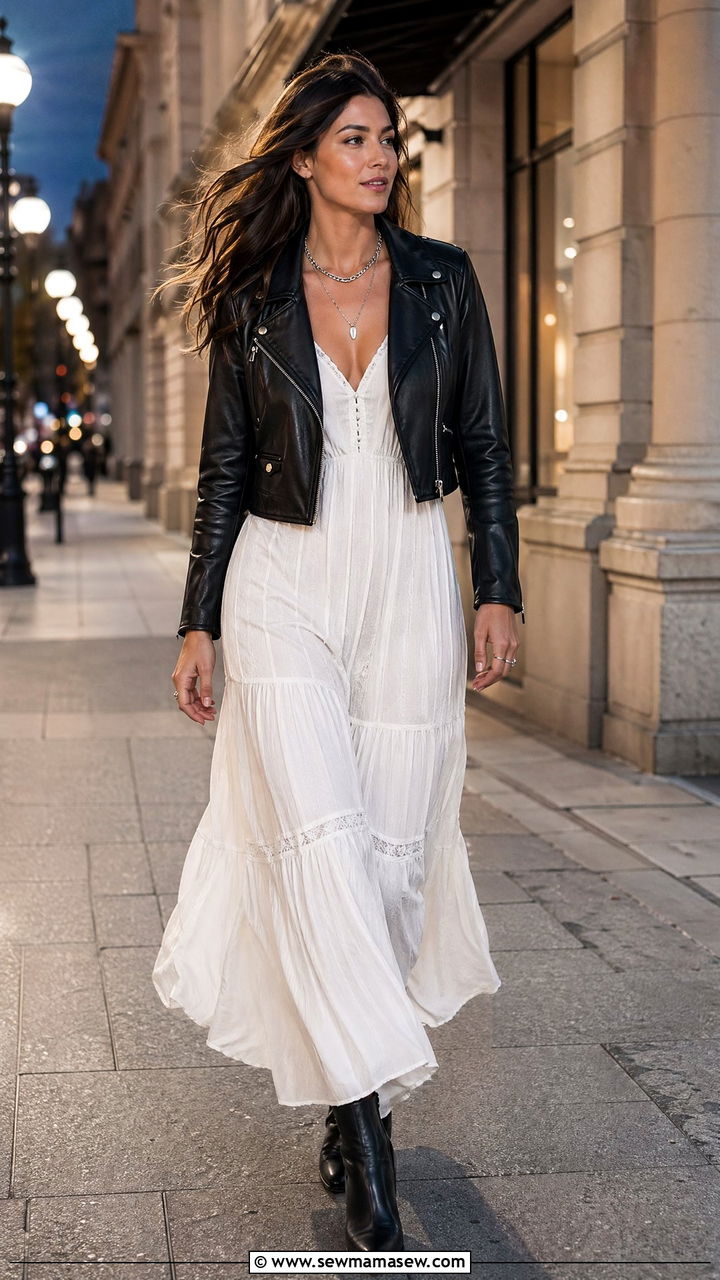 White Maxi Dress with Leather Jacket and Ankle Boots - 35 white dress outfit ideas