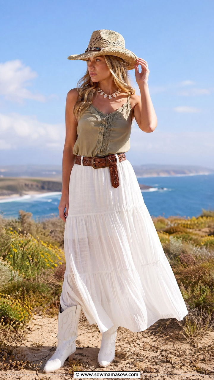 White Maxi Skirt and Khaki Top With White Cowboy Boots - 35 coastal cowgirl outfits