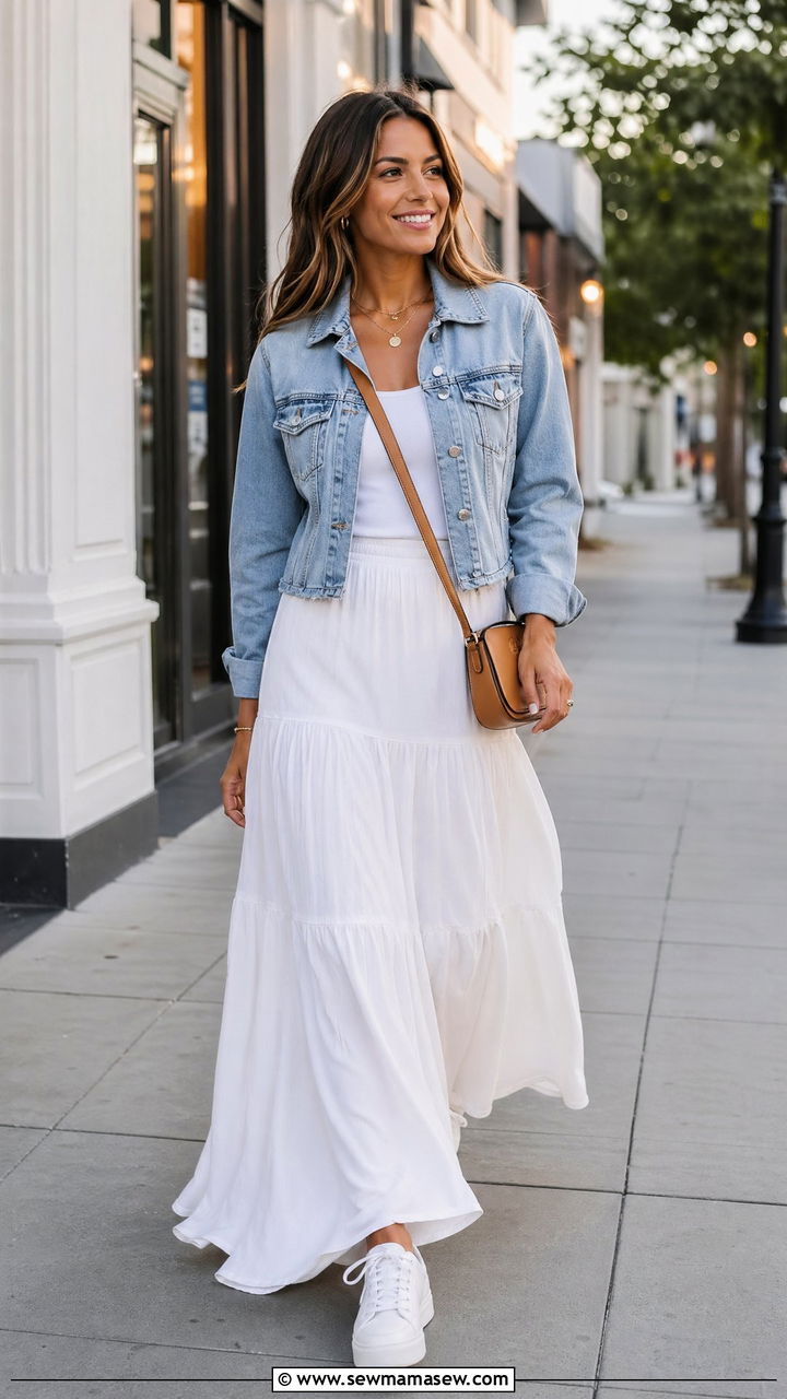 White Maxi Skirt with Cropped Denim Jacket - 35 Summer outfits with skirts