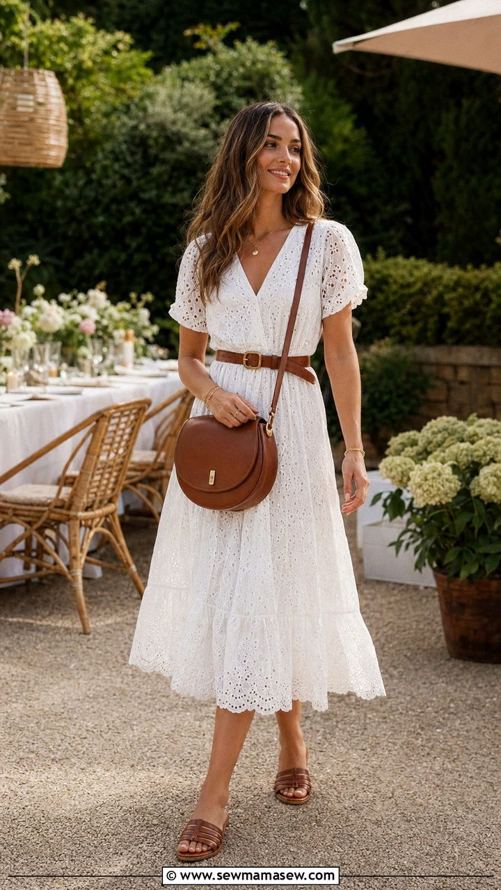 White Midi Dress And Brown Leather Accessories Outfit - 35 Preppy summer outfits