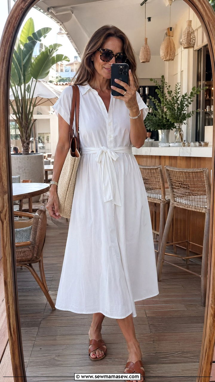White Midi Dress And Flat Sandals Outfit - 35 Summer capsule wardrobe for women over 40