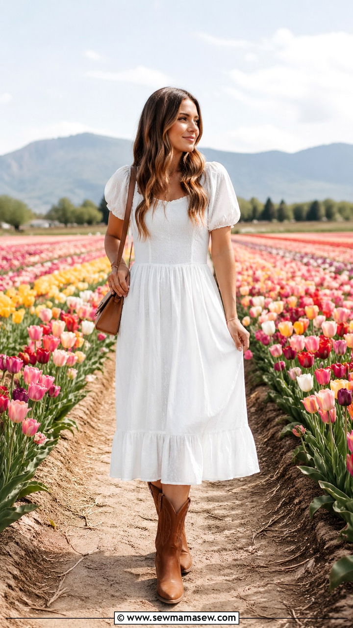 White Midi Dress With Brown Cowgirl Boots - 30 Spring flower field photoshoot outfits