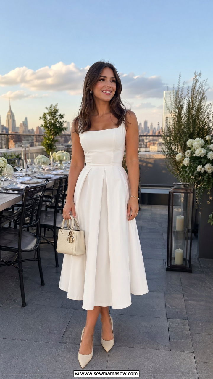 White Midi Dress With Cream Accessories - 35 spring dinner outfit ideas
