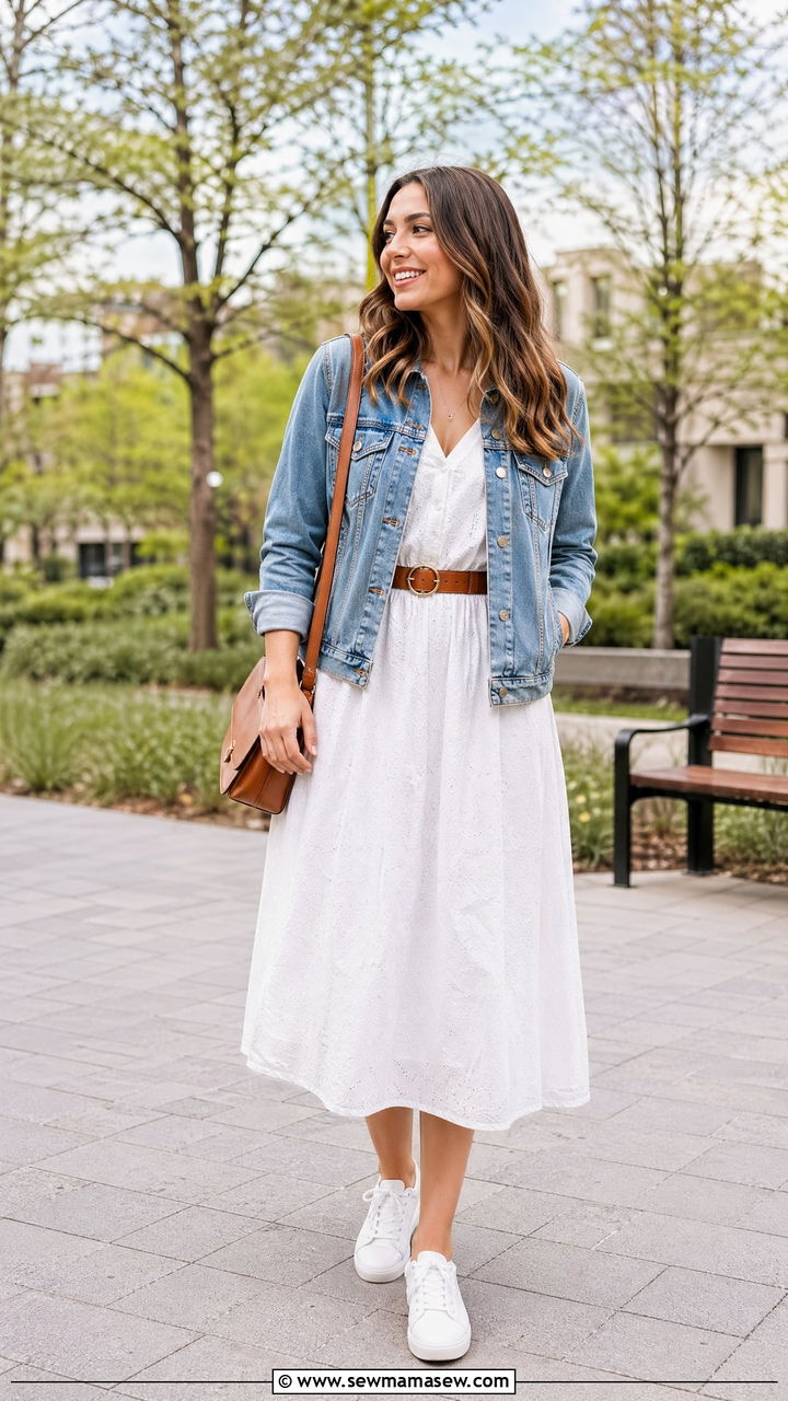 White Midi Dress With Denim Jacket - 35 spring chic outfit ideas
