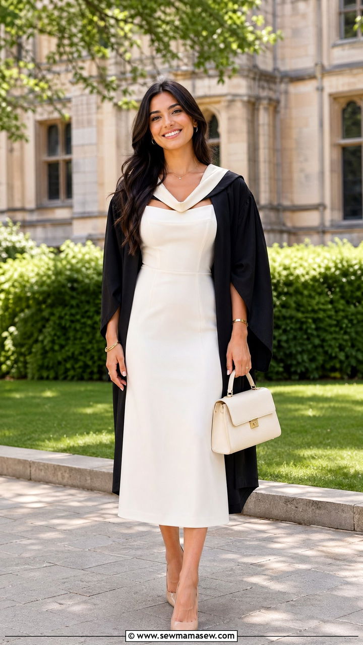 White Midi Dress With Nude Heels - 35 classy graduation outfit ideas