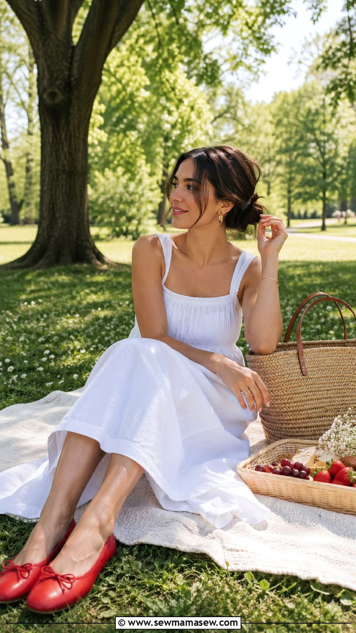 White Midi Dress With Red Ballet Flats for a Picnic - 30 Spring outdoor outfits