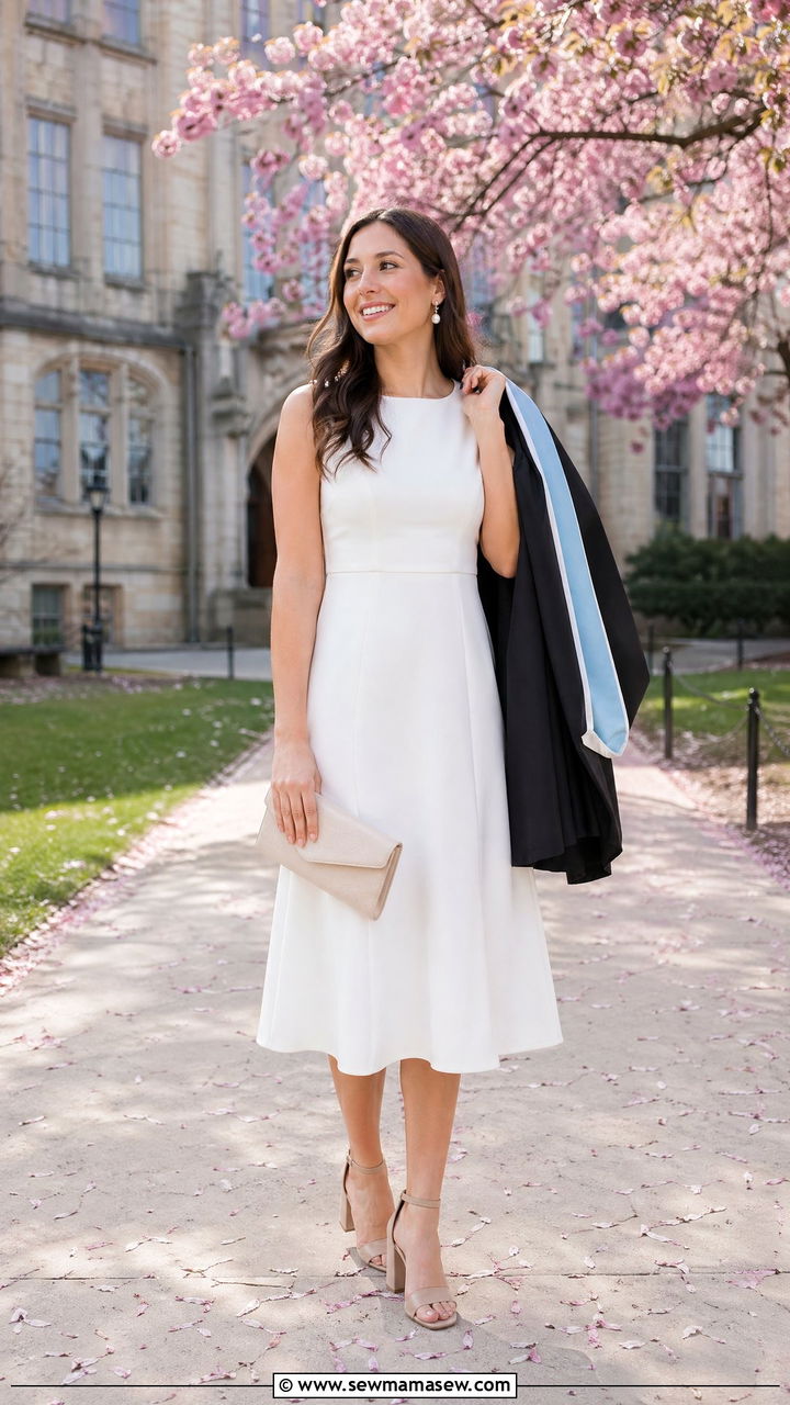 White Midi Dress and Nude Block Heels - 35 classy graduation outfits