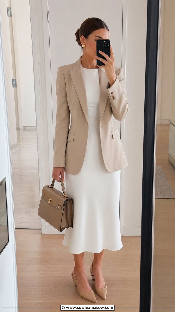 White Midi Dress with Blazer Outfit - 35 spring dress outfit ideas